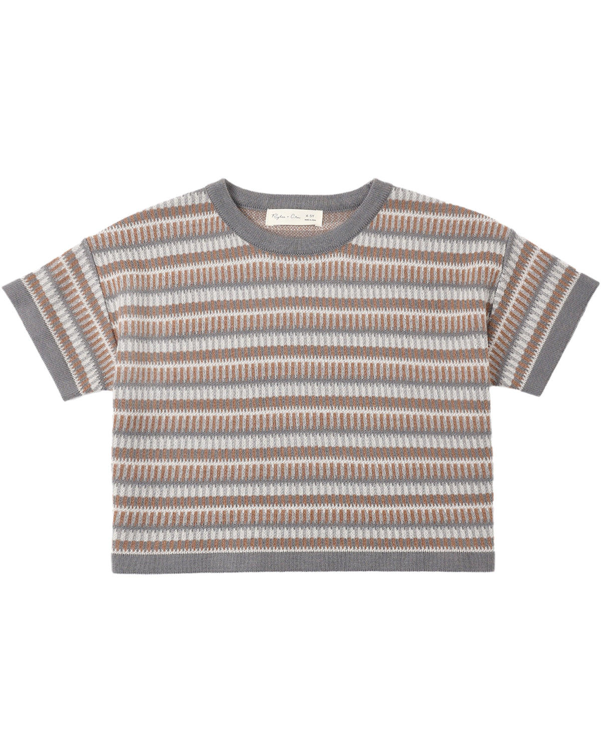 Rylee & Cru multi stripe boxy crop knit tee showing colorful striped pattern and relaxed fit on a model.