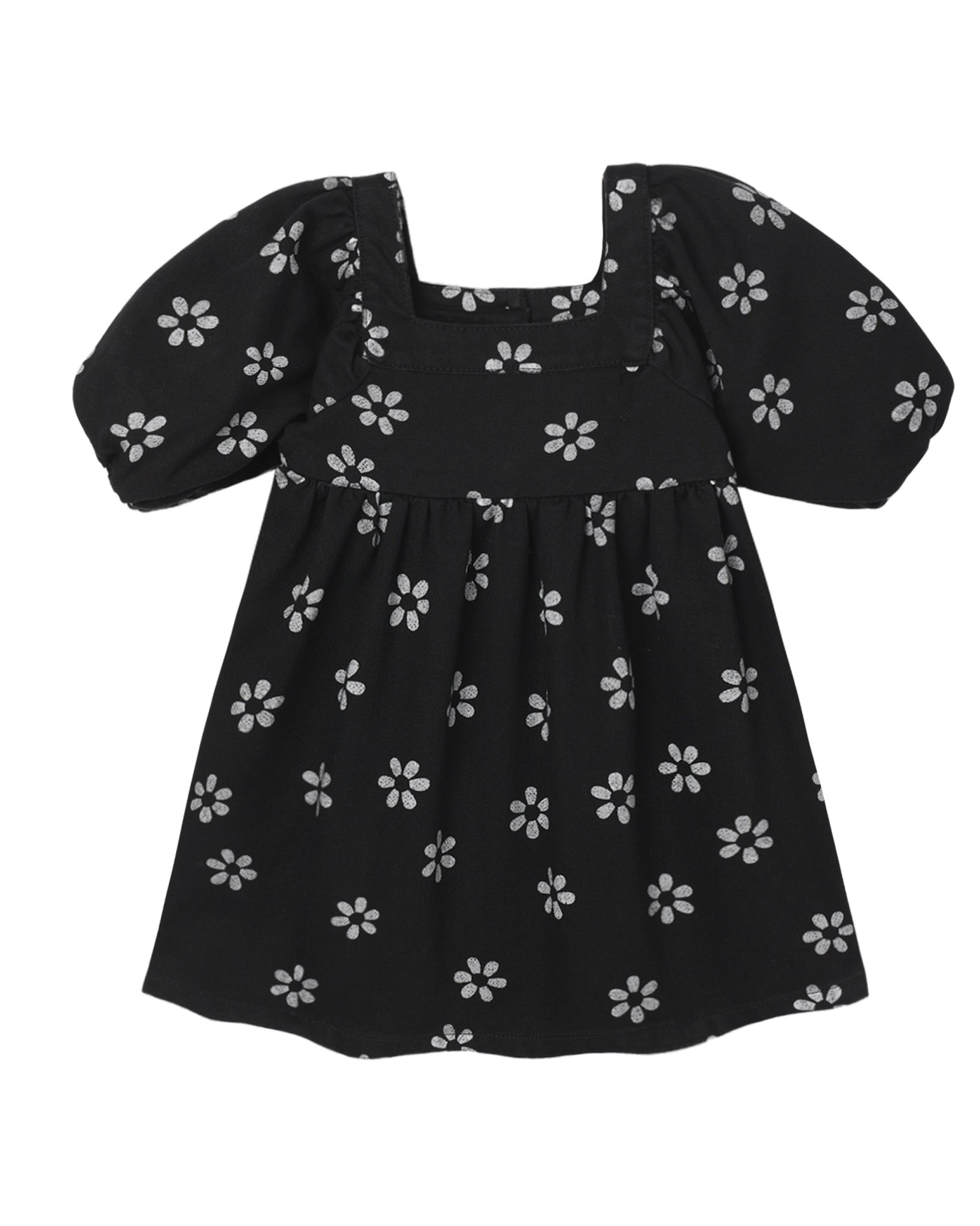 Black Daisy Gretta Babydoll Dress by Rylee & Cru featuring a loose fit, floral pattern, and ruffled hem on lightweight fabric.