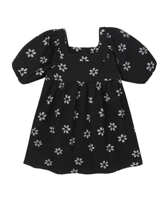 Black Daisy Gretta Babydoll Dress by Rylee & Cru featuring a loose fit, floral pattern, and ruffled hem on lightweight fabric.