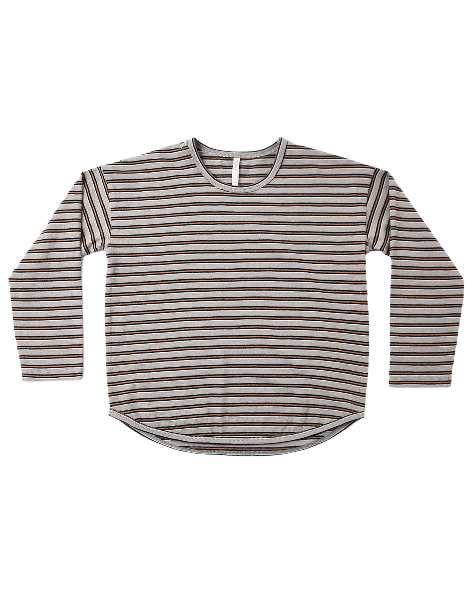 Rylee & Cru vintage stripe long sleeve tee with colorful horizontal stripes and a relaxed fit on a white background.
