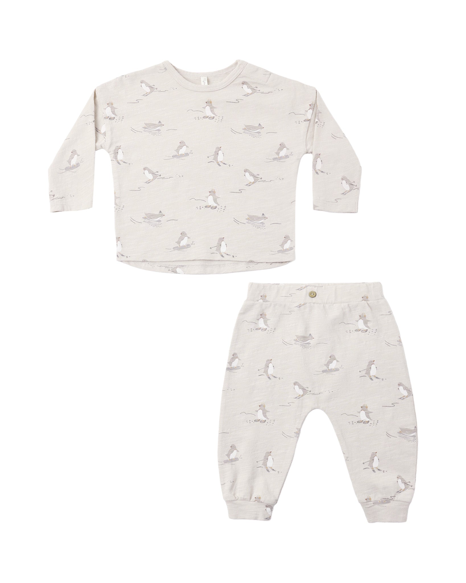 Rylee & Cru skiing penguins long sleeve tee and pant set with playful penguin print on soft fabric for kids.