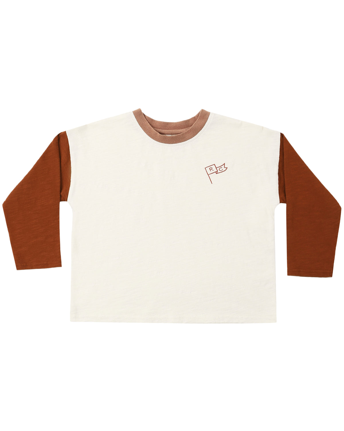 Rylee & Cru Brick Color Block Camden long sleeve T-shirt with contrasting sleeves and a casual, comfortable fit.