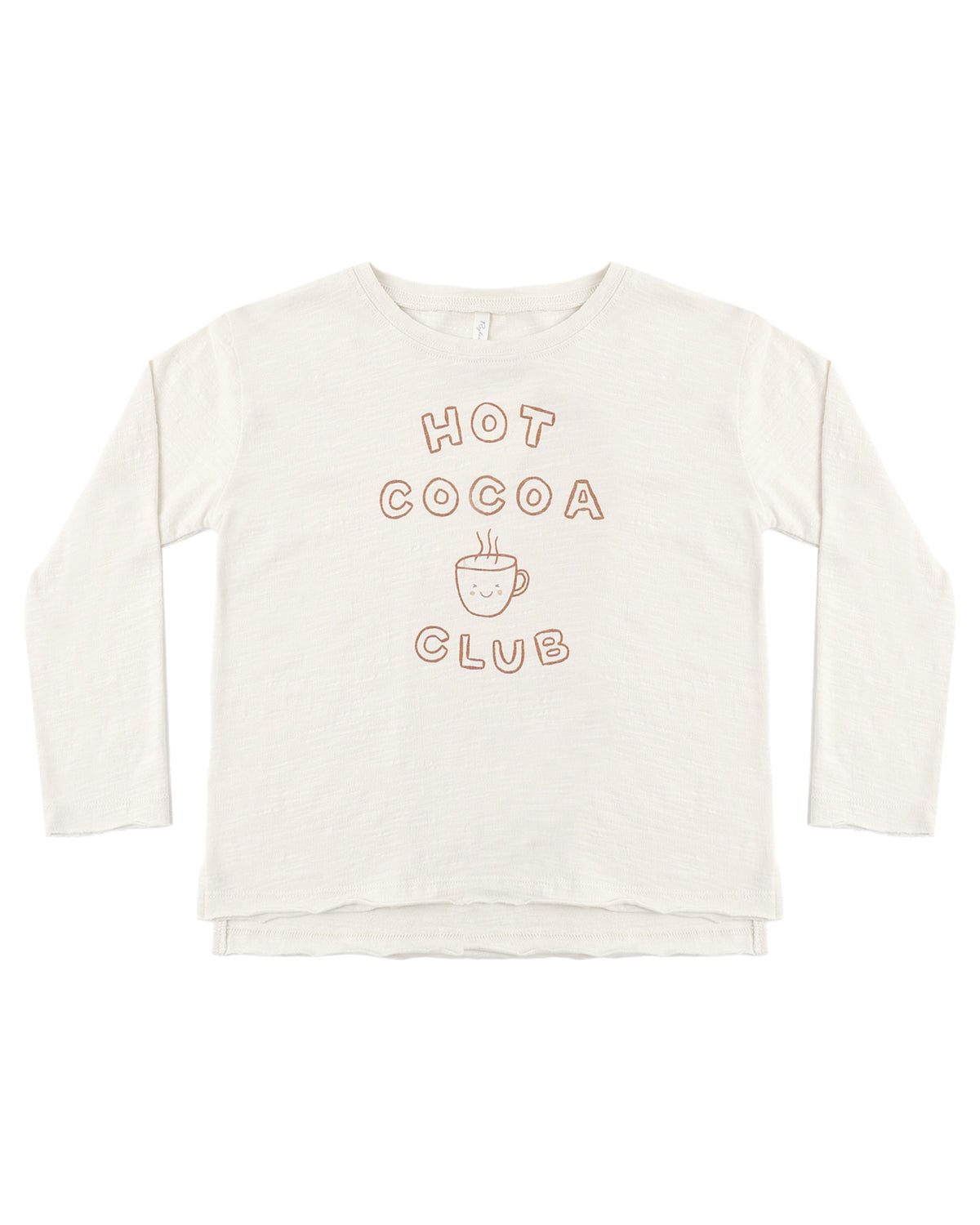 Rylee & Cru Hot Cocoa Club raw edge long sleeve tee in soft fabric, featuring a casual fit and raw hem detail.