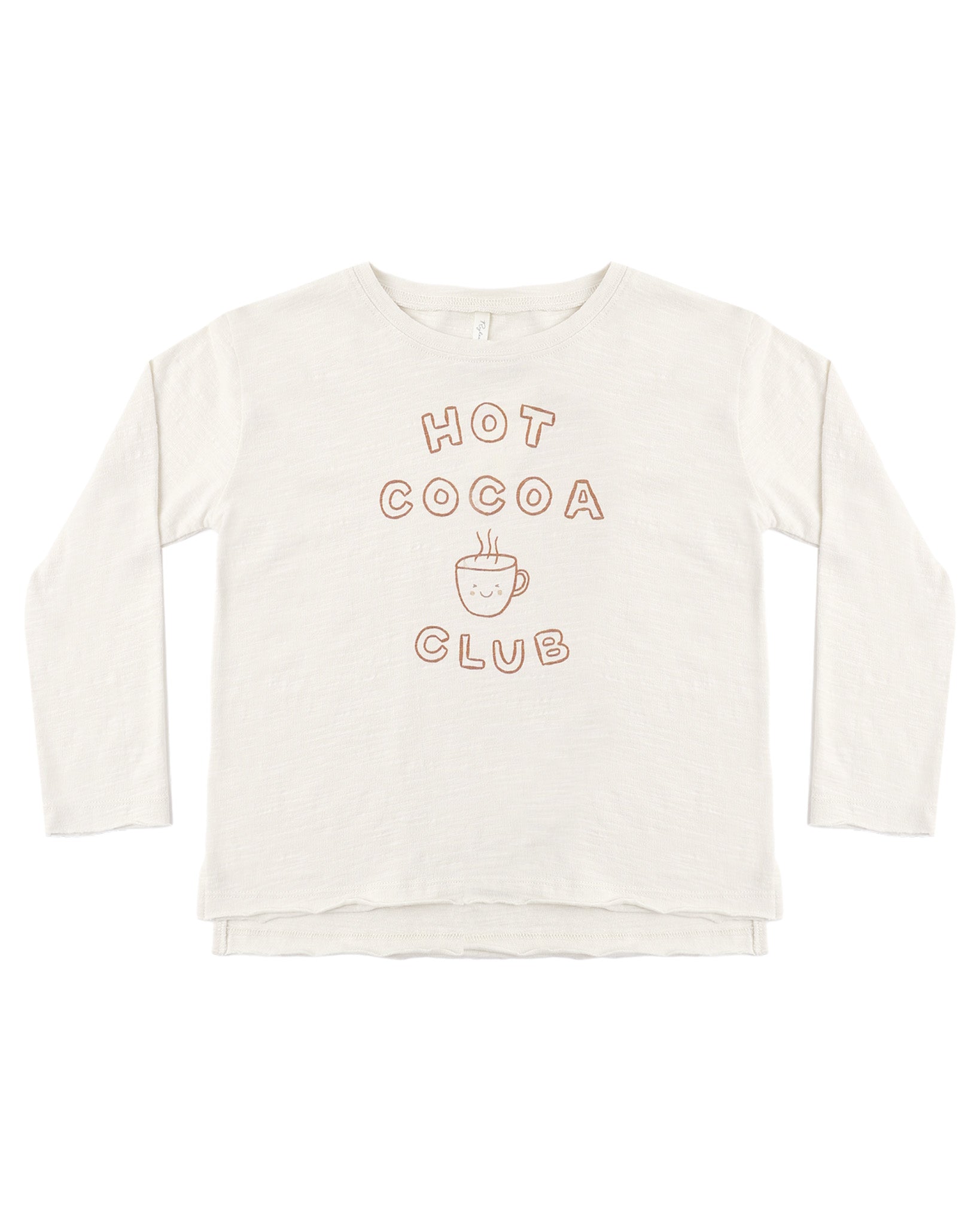 Rylee & Cru Hot Cocoa Club raw edge long sleeve tee in soft fabric, featuring a casual fit and raw hem detail.