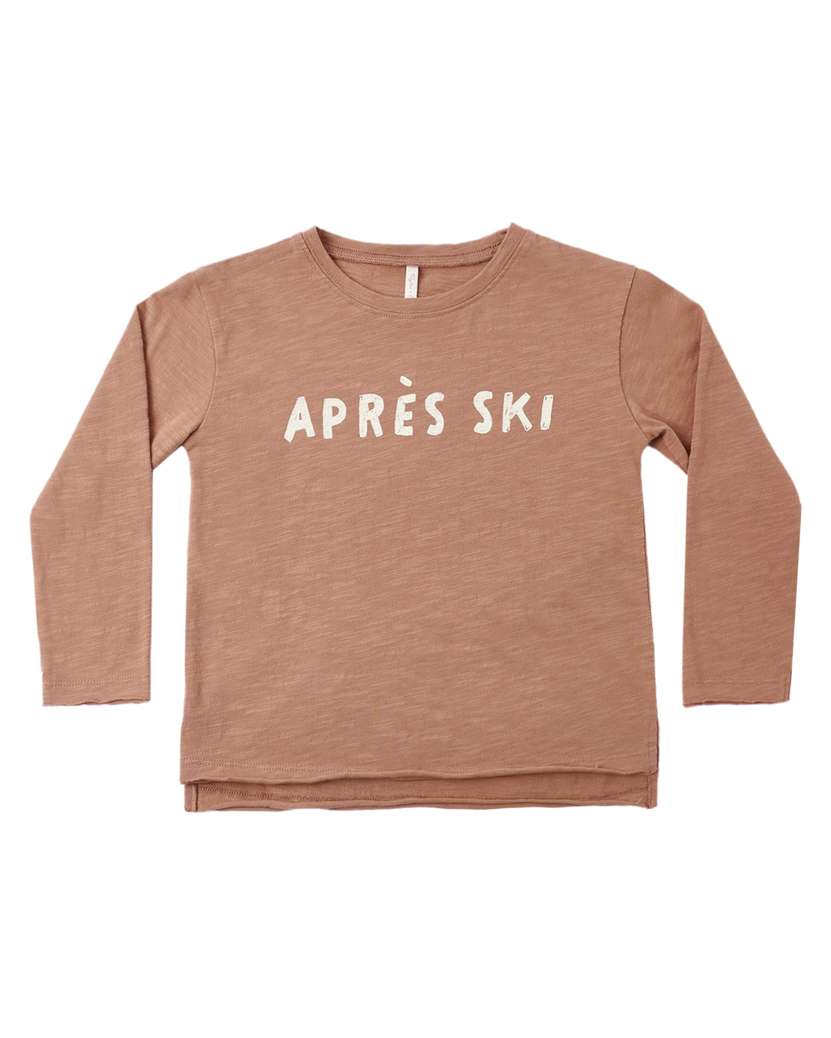 Rylee & Cru Apres Ski Raw Edge Long Sleeve Tee, beige with raw edge details and casual fit, shown on a hanger.