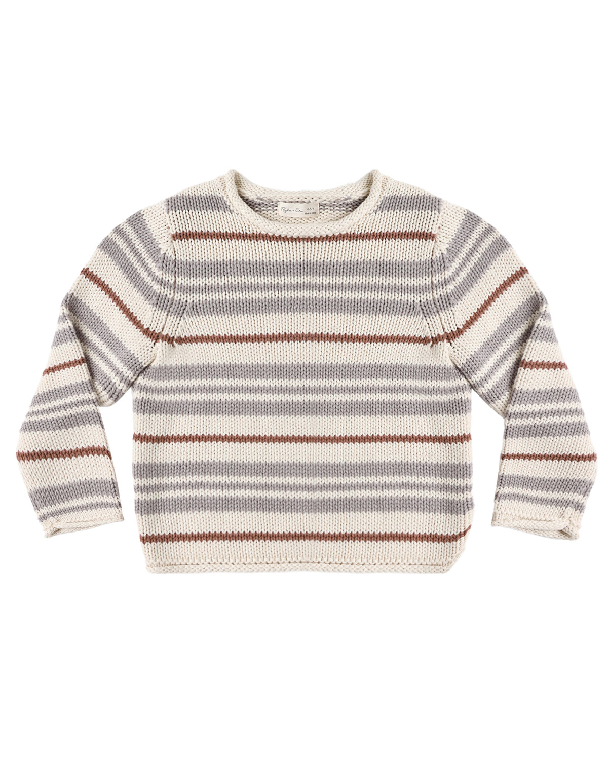 Dusty blue stripe Jacques sweater by Rylee & Cru, showing a cozy knit with blue and white stripes and ribbed cuffs.