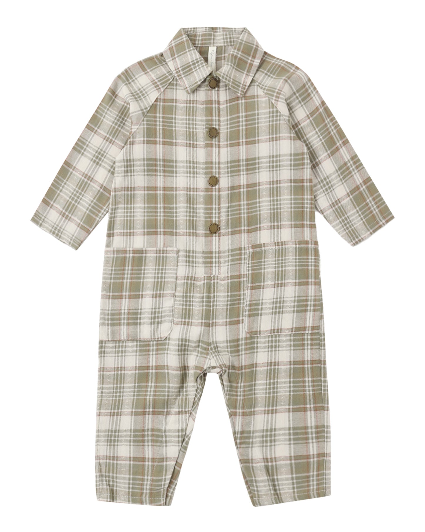Olive dobby plaid baby jumpsuit with a collar from Rylee & Cru, featuring long sleeves and a comfortable fit for infants.