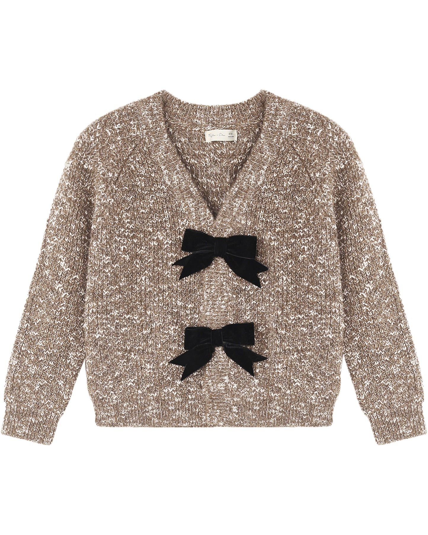 Heathered stone Bow Cardigan by Rylee & Cru, soft knit fabric with bow details, displayed on a hanger.