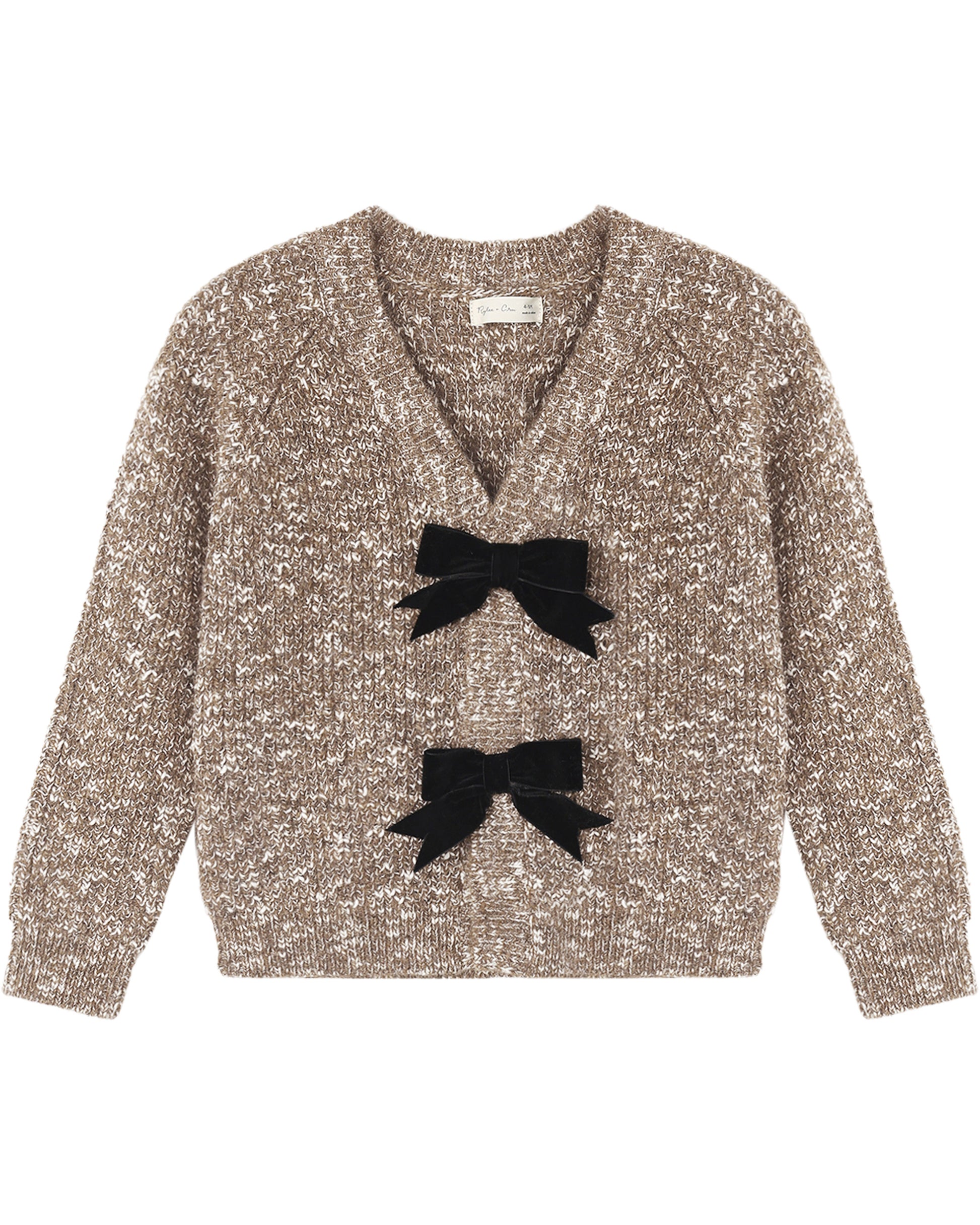 Heathered stone Bow Cardigan by Rylee & Cru, soft knit fabric with bow details, displayed on a hanger.