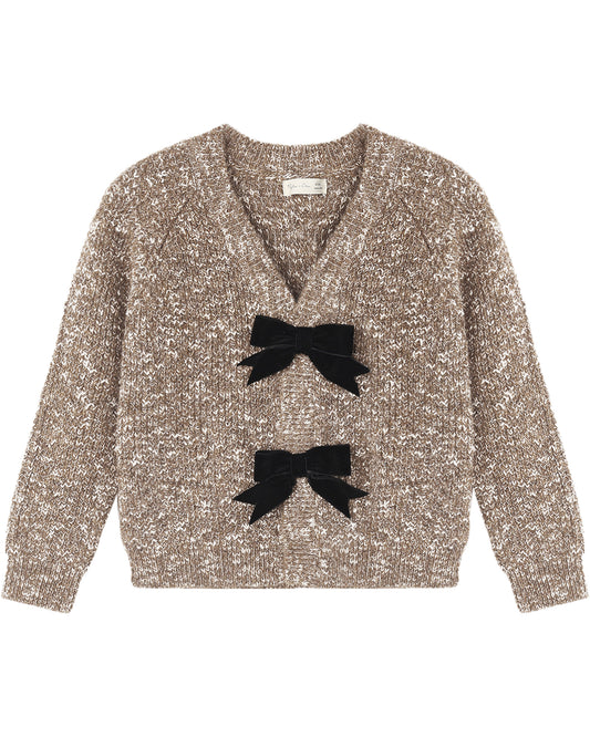 Heathered stone Bow Cardigan by Rylee & Cru, soft knit fabric with bow details, displayed on a hanger.