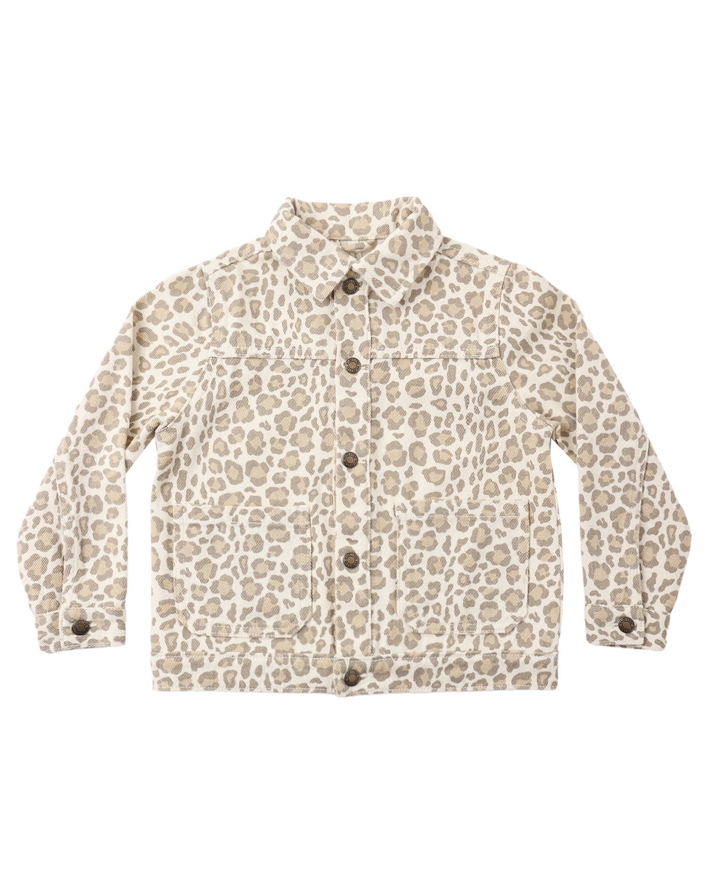 Leopard print denim chore coat by Rylee & Cru featuring a relaxed fit and button-front closure.