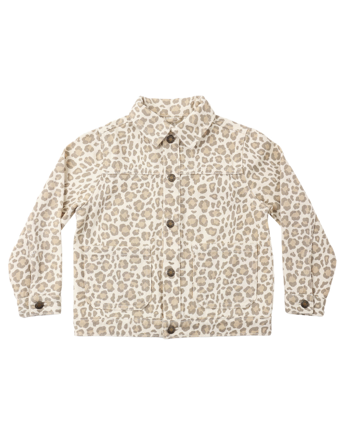 Leopard print denim chore coat by Rylee & Cru featuring a relaxed fit and button-front closure.