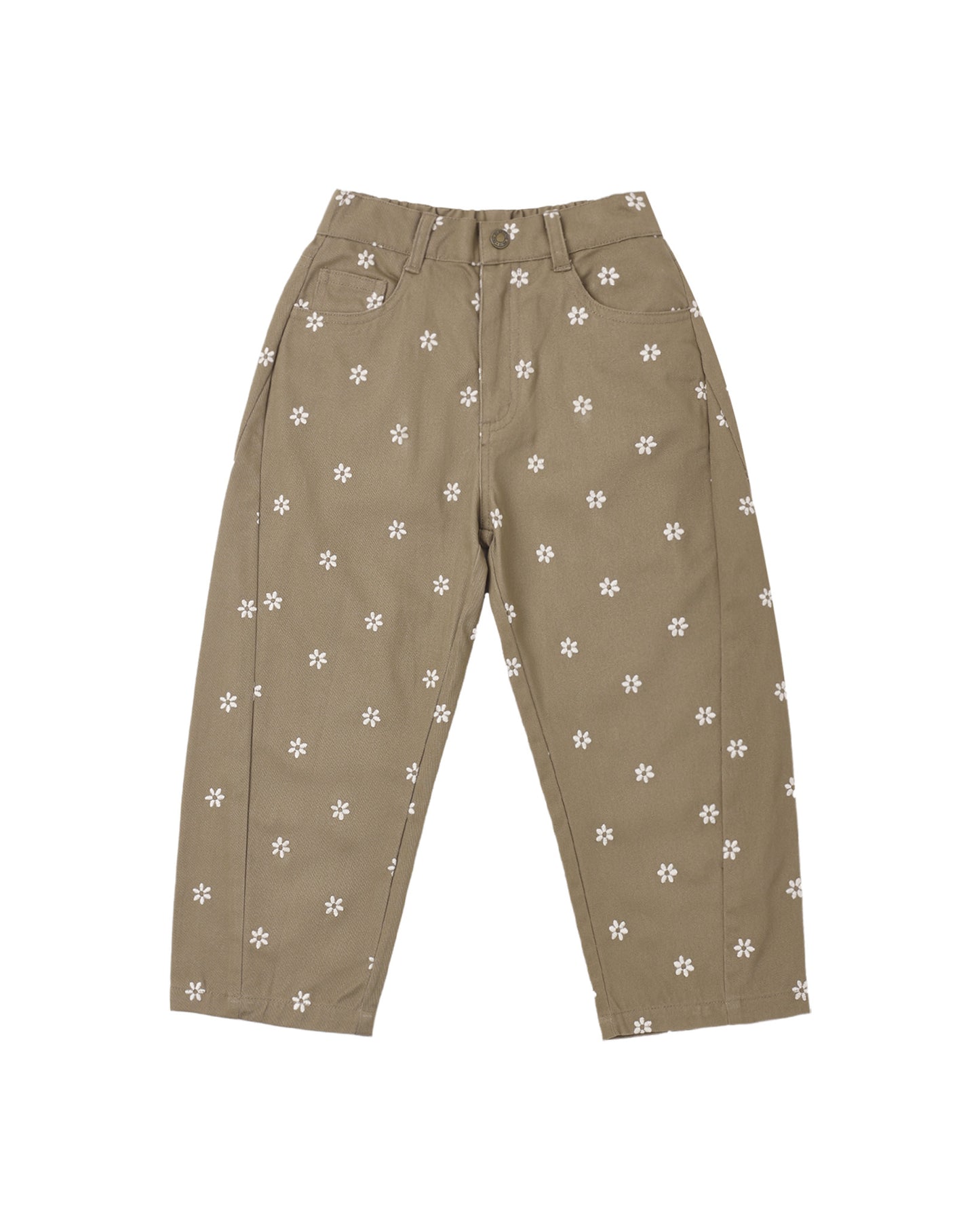 Embroidered daisies on Rylee & Cru barrel pants showcasing floral embroidery and relaxed fit for children's casual wear.