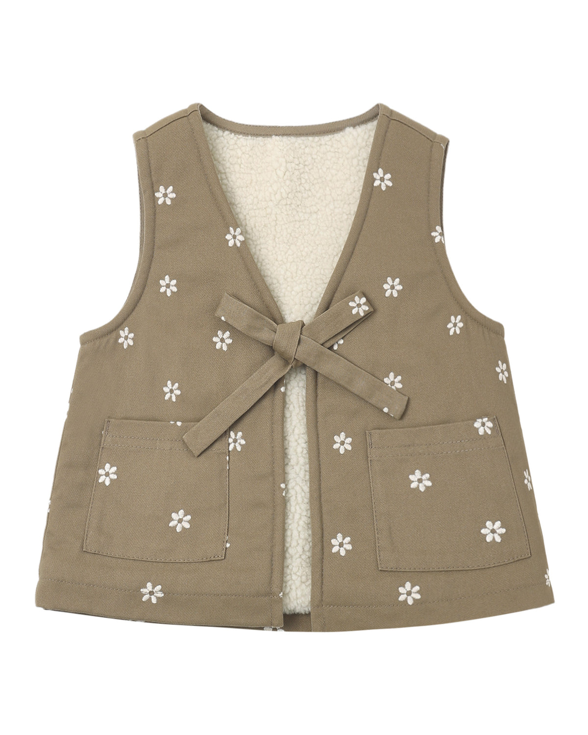 Embroidered daisies on Rylee & Cru utility vest, showcasing floral embroidery and functional design with multiple pockets.