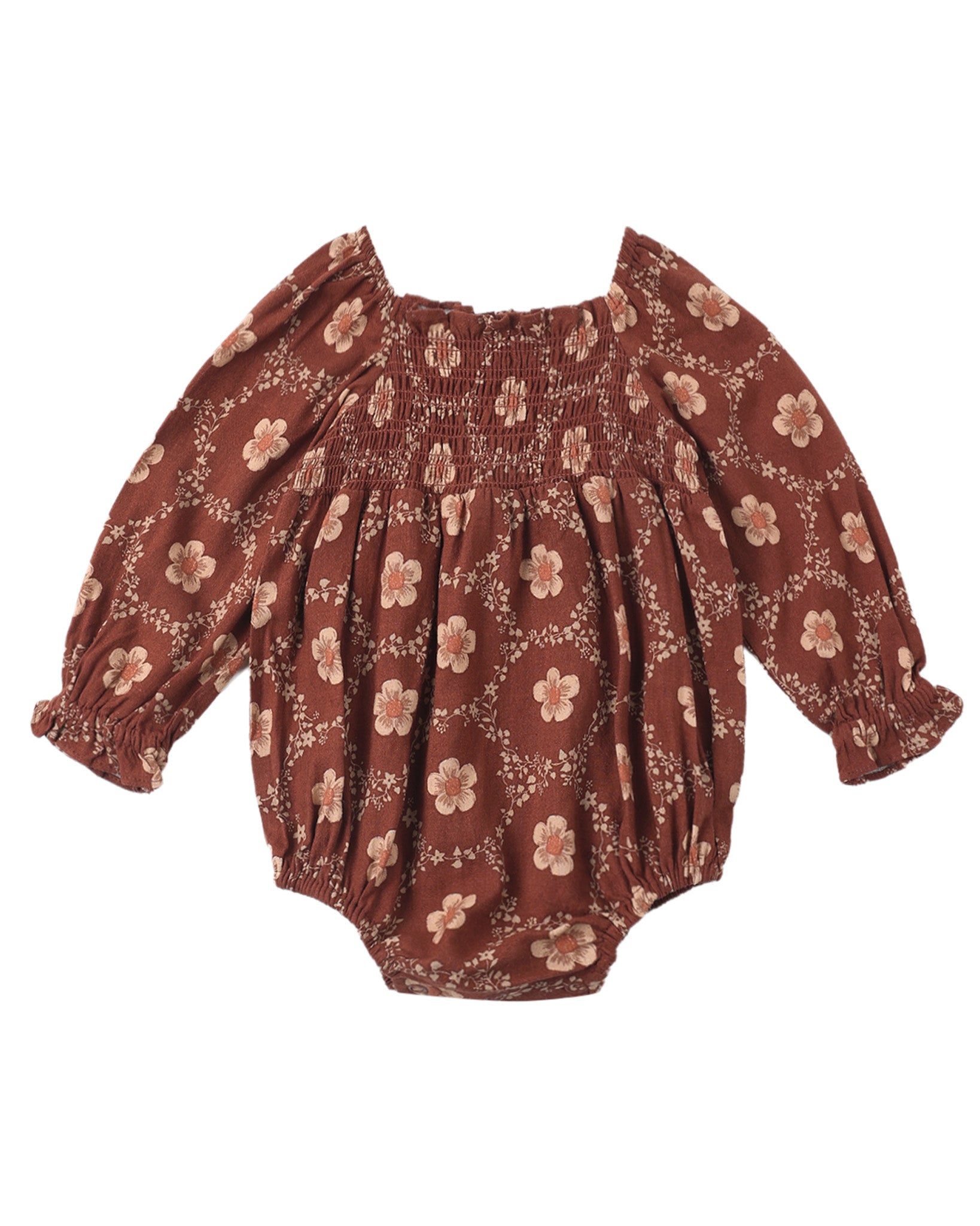 Rylee & Cru Brick Daisies Adelaide romper for babies, featuring a floral design and soft fabric, displayed on a neutral background.