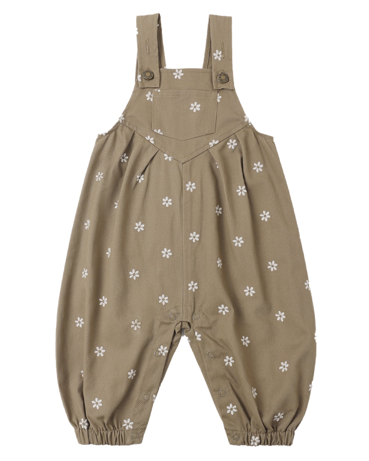 Vintage Rylee & Cru embroidered daisies overall with colorful floral embroidery on soft fabric, featuring adjustable straps and front pockets.