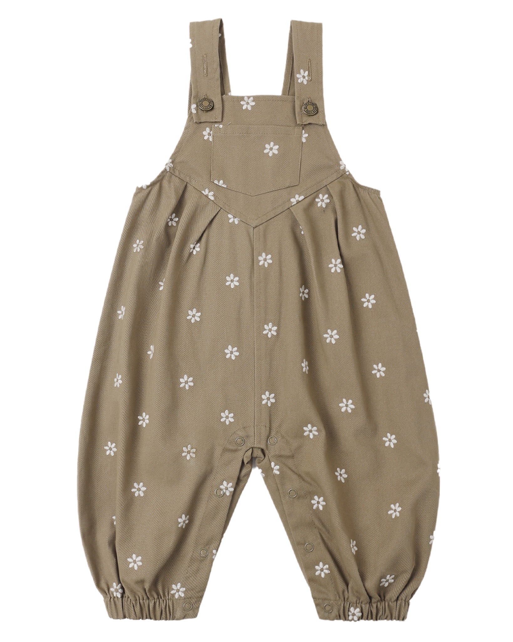 Vintage Rylee & Cru embroidered daisies overall with colorful floral embroidery on soft fabric, featuring adjustable straps and front pockets.