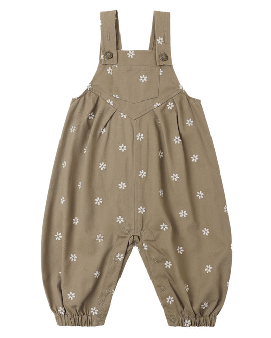 Vintage Rylee & Cru embroidered daisies overall with colorful floral embroidery on soft fabric, featuring adjustable straps and front pockets.
