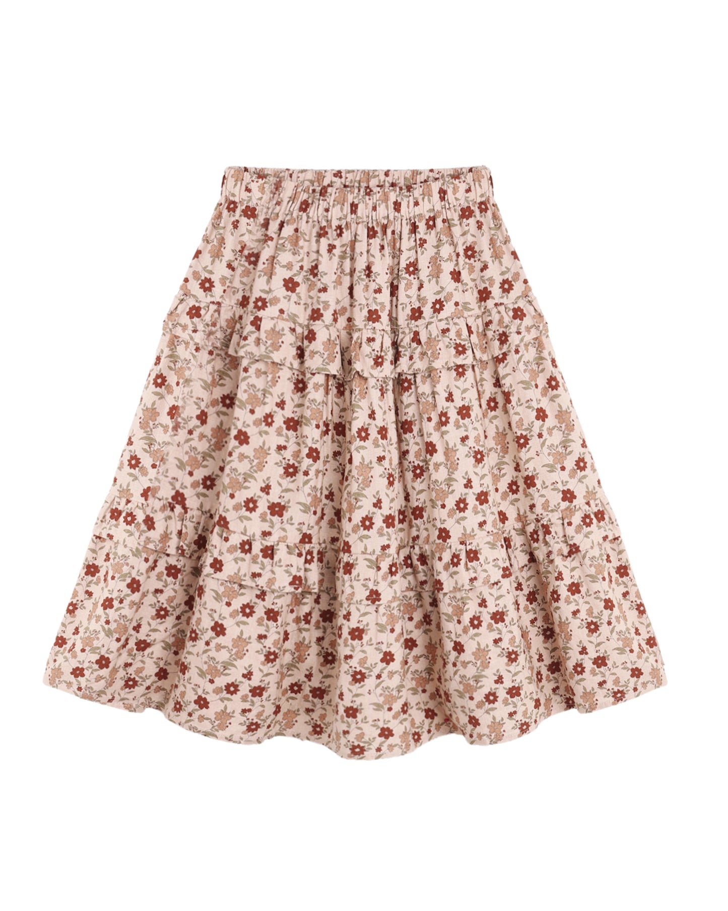 Pink floral ruffled midi skirt by Rylee & Cru, featuring a flowy design with ruffles and a floral pattern, perfect for spring.