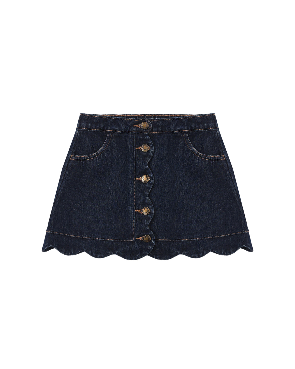 Dark indigo scallop mini skirt by Rylee & Cru, featuring a stylish scalloped hem and a fitted waistband.