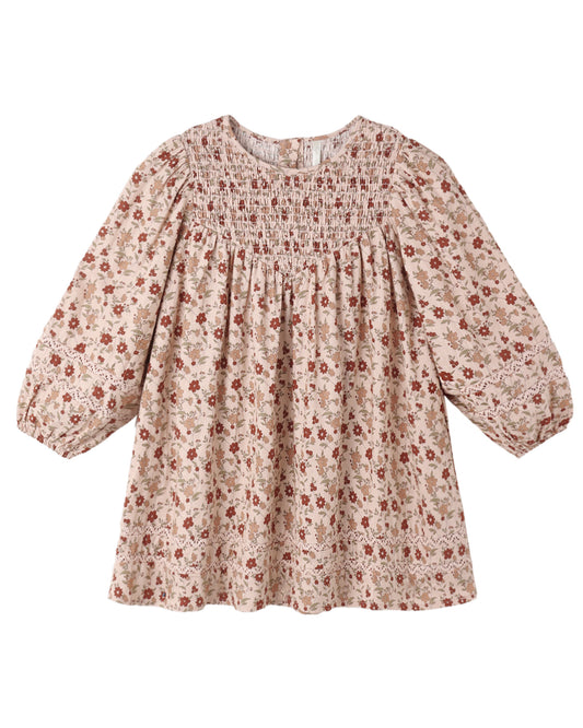 Pink floral Rylee & Cru Selene dress displayed on a hanger with a soft fabric texture and vibrant floral pattern.