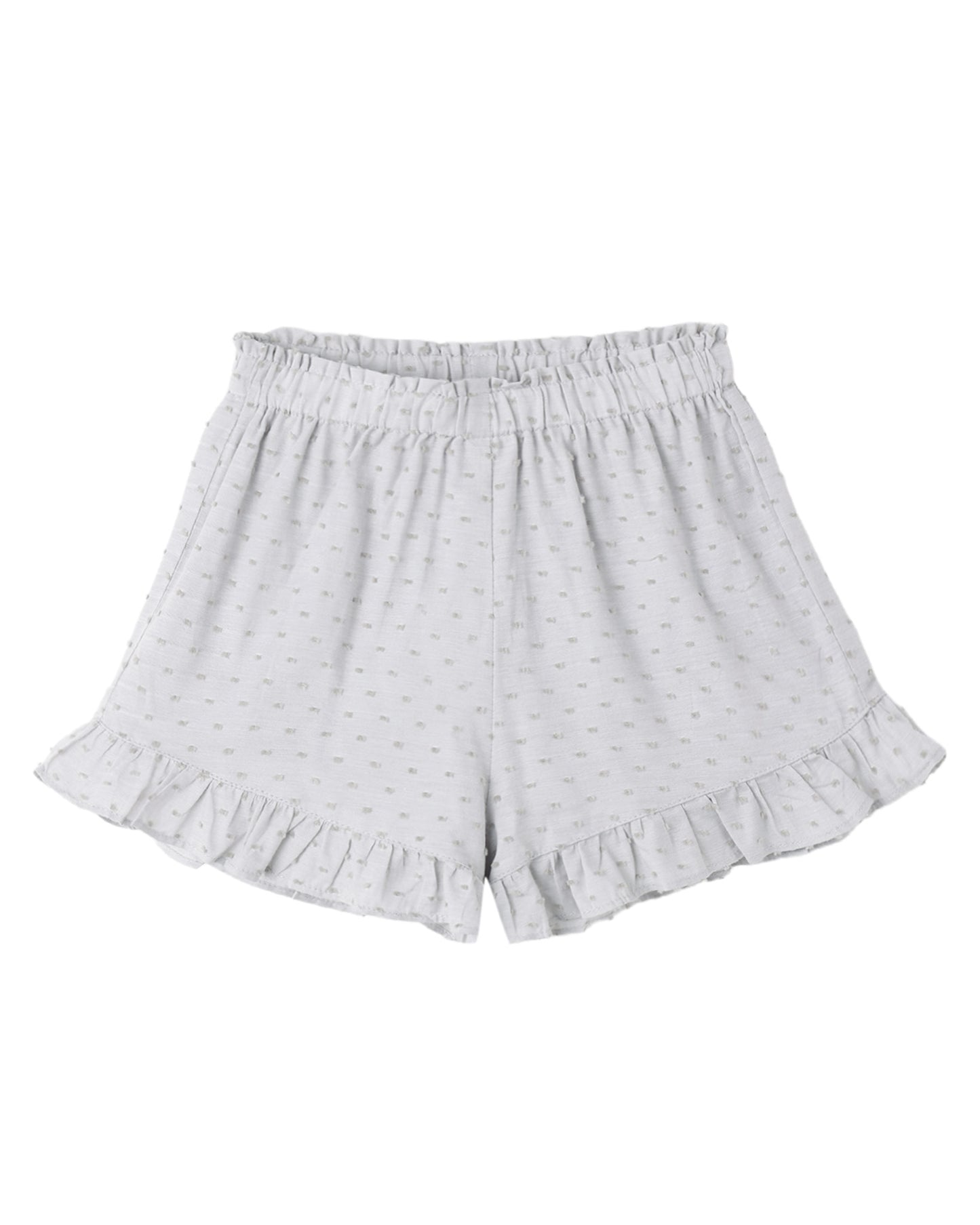 Dusty blue ruffle shorts by Rylee & Cru, featuring a soft fabric, ruffled hem, and a comfortable fit for casual wear.
