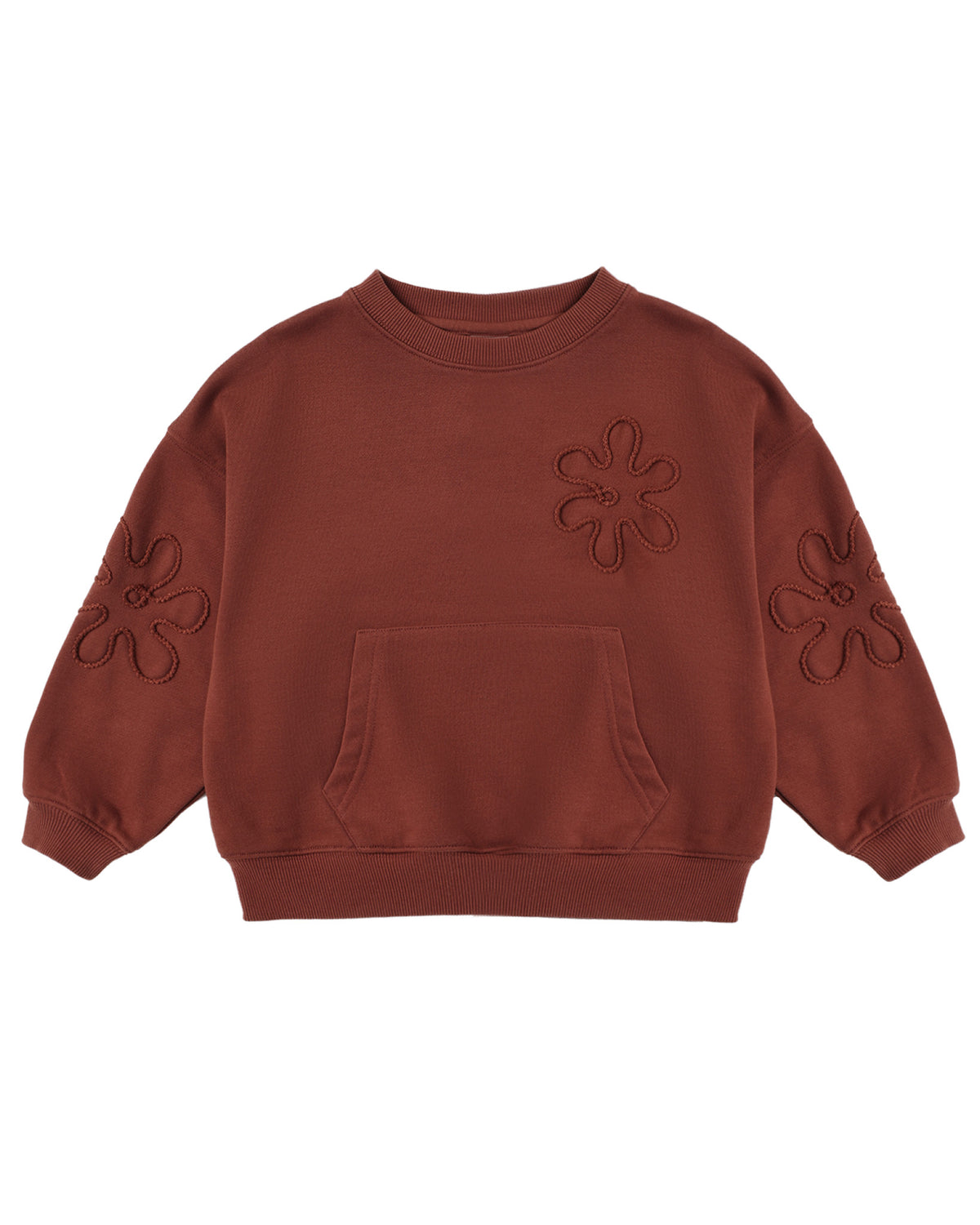 Rylee & Cru Brick Pouch Pocket Crew sweatshirt featuring a cozy brick-colored fabric and a front pouch pocket.