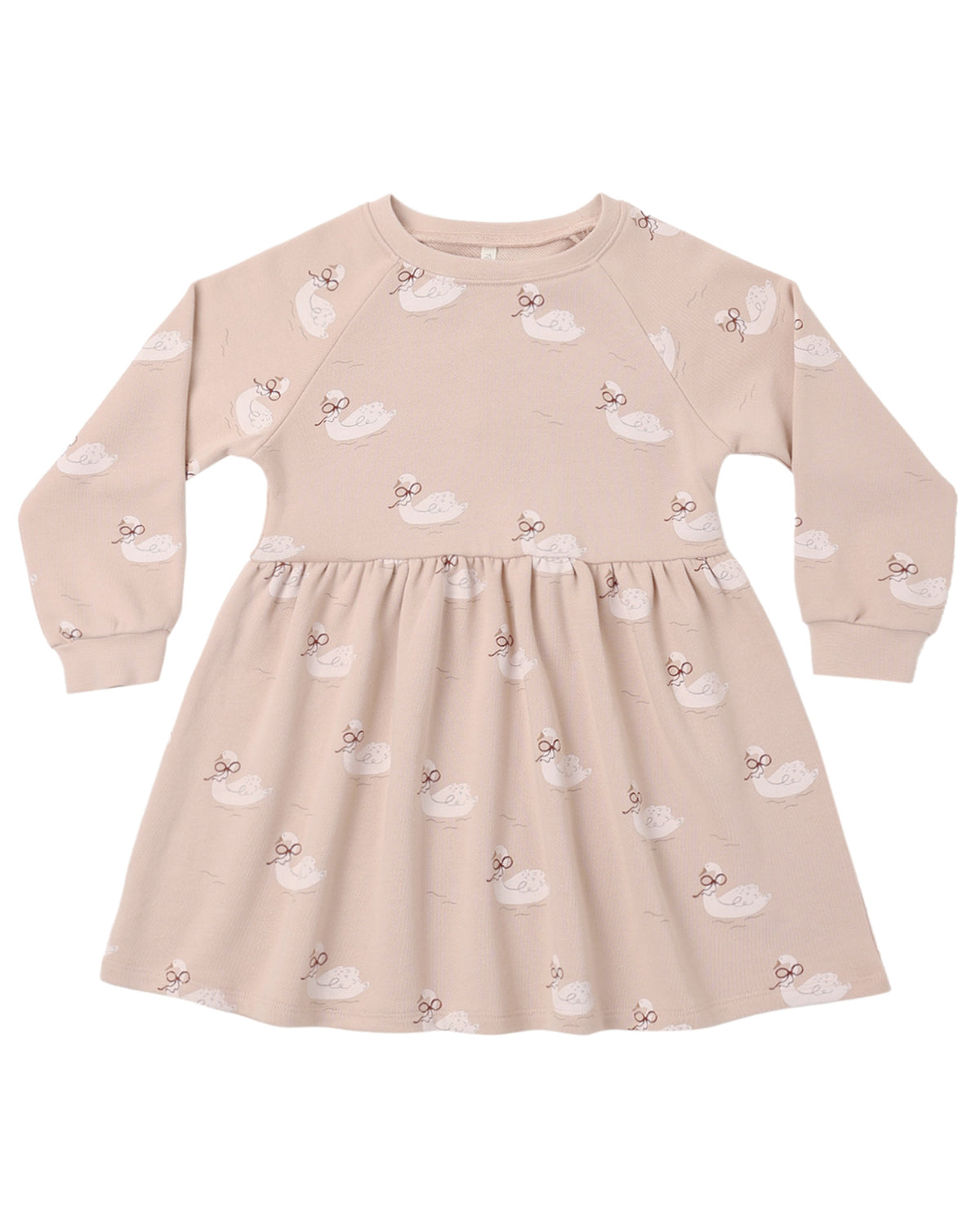 Rylee & Cru Swans Raglan Dress featuring a soft fabric with swan print and colorful raglan sleeves on a white background.