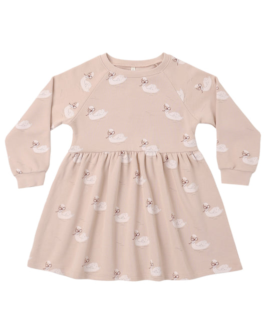 Rylee & Cru Swans Raglan Dress featuring a soft fabric with swan print and colorful raglan sleeves on a white background.