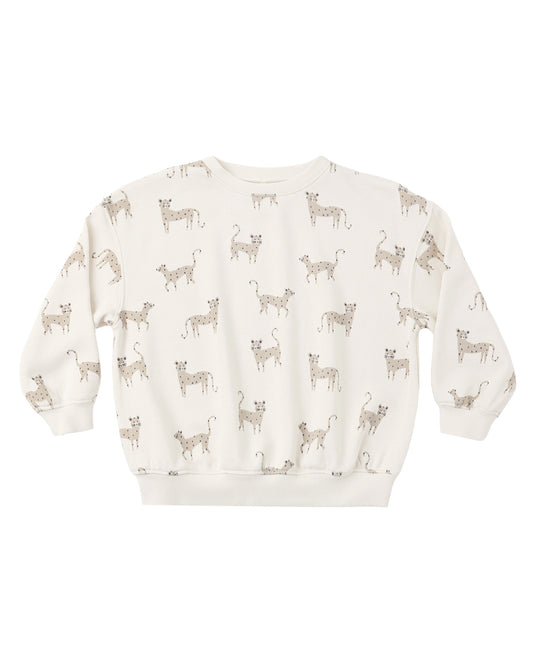 Rylee & Cru leopard print relaxed sweatshirt with soft fabric and casual fit, displayed on a hanger.