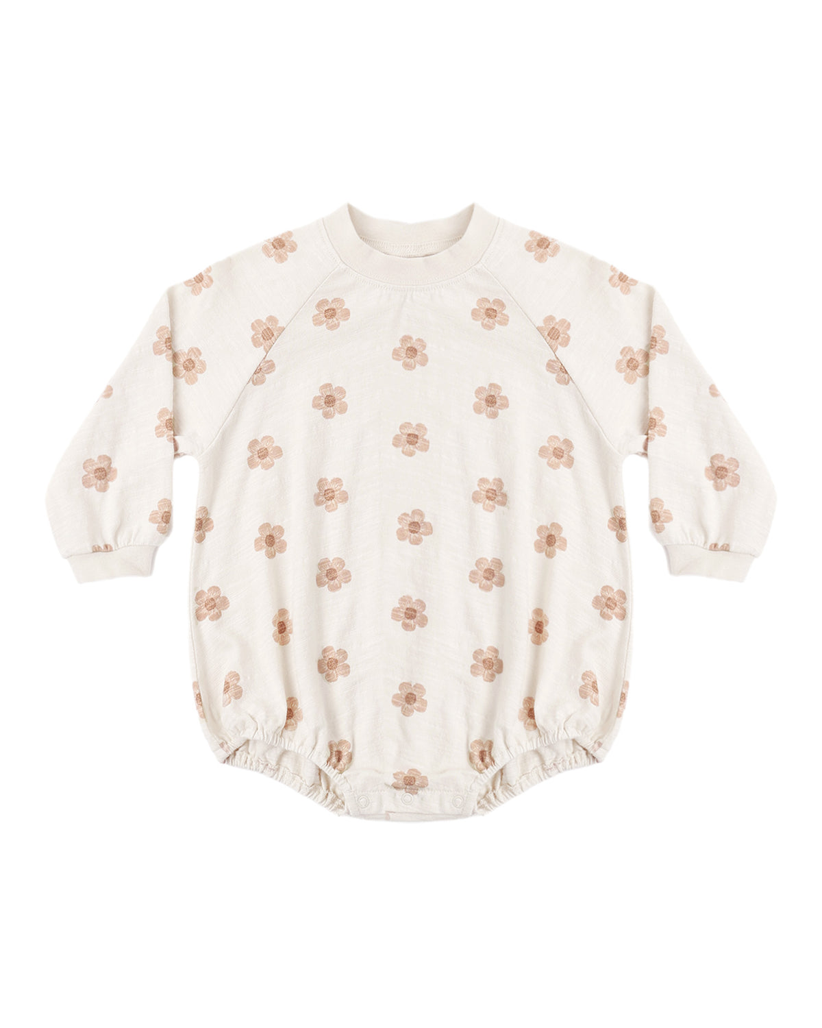 Pink daisies crew neck romper by Rylee & Cru featuring short sleeves, floral pattern, and a comfortable fit for young children.