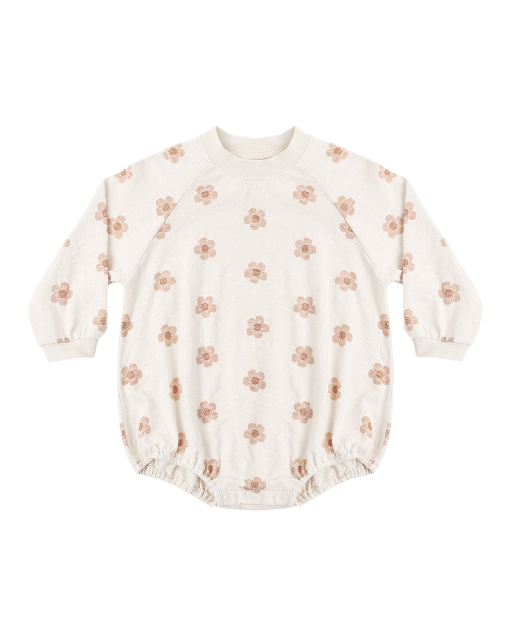 Pink daisies crew neck romper by Rylee & Cru featuring short sleeves, floral pattern, and a comfortable fit for young children.