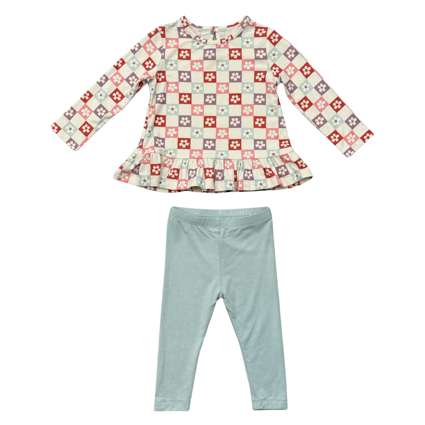 Wavy Daisy Checkered Peplum Set for girls by Babysprouts, featuring a sleeveless top with a peplum hem and matching checkered shorts.
