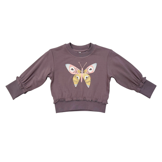Babysprouts butterfly ruffle hem sweatshirt featuring a soft fabric and decorative butterfly details on the hem.