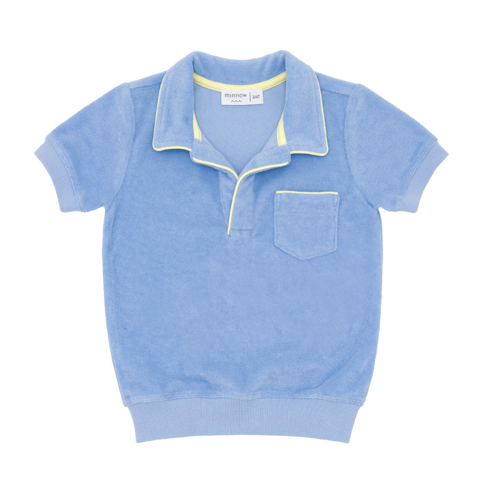 minnow - unisex clearwater blue french terry polo with ribbed hem