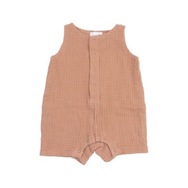 Angel Dear - Solid Muslin Camel Sleeveless Shortie Romper