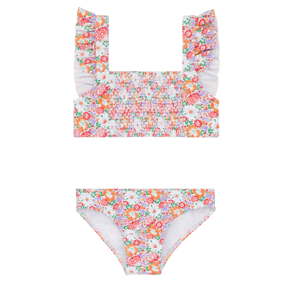 minnow - girls multi floral smocked ruffle strap bikini