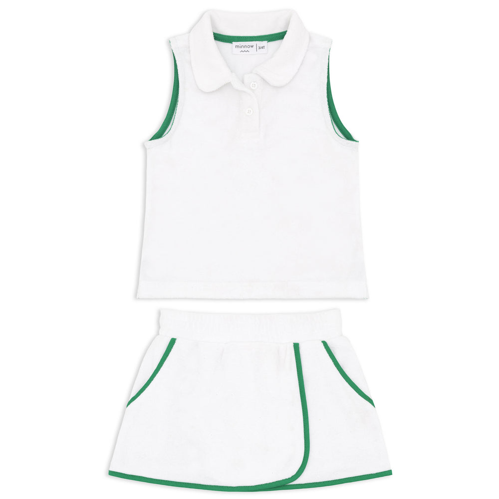 minnow - girls white french terry tennis tank top and skort set with bermuda green trim