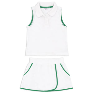 minnow - girls white french terry tennis tank top and skort set with bermuda green trim