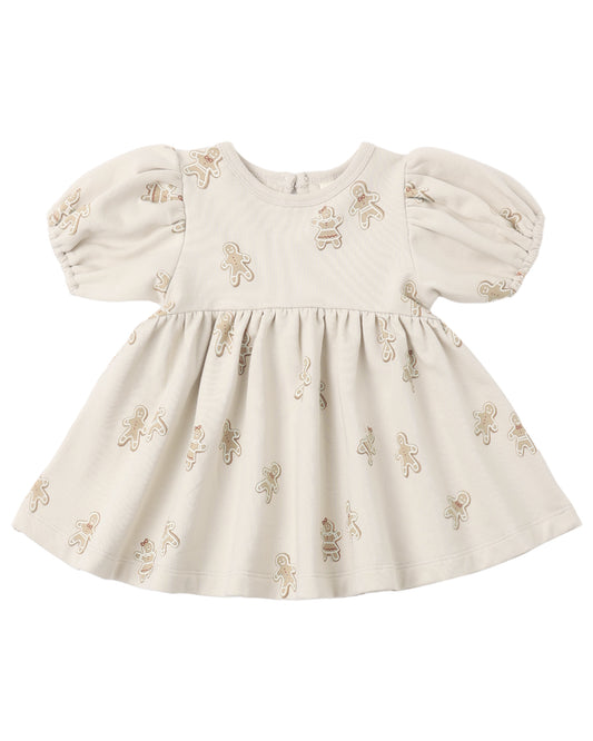 Quincy Mae Gingerbread Darla Dress for toddlers, featuring a cozy gingerbread pattern and soft fabric, ideal for holiday wear