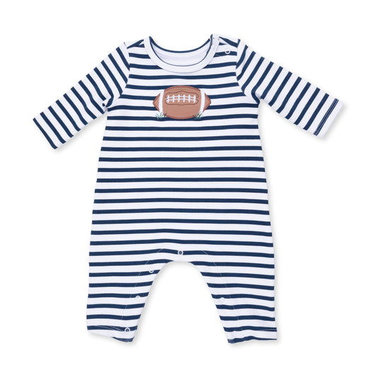 Navy football-themed long sleeve snap shoulder romper for babies by Angel Dear, featuring soft fabric and comfortable fit.