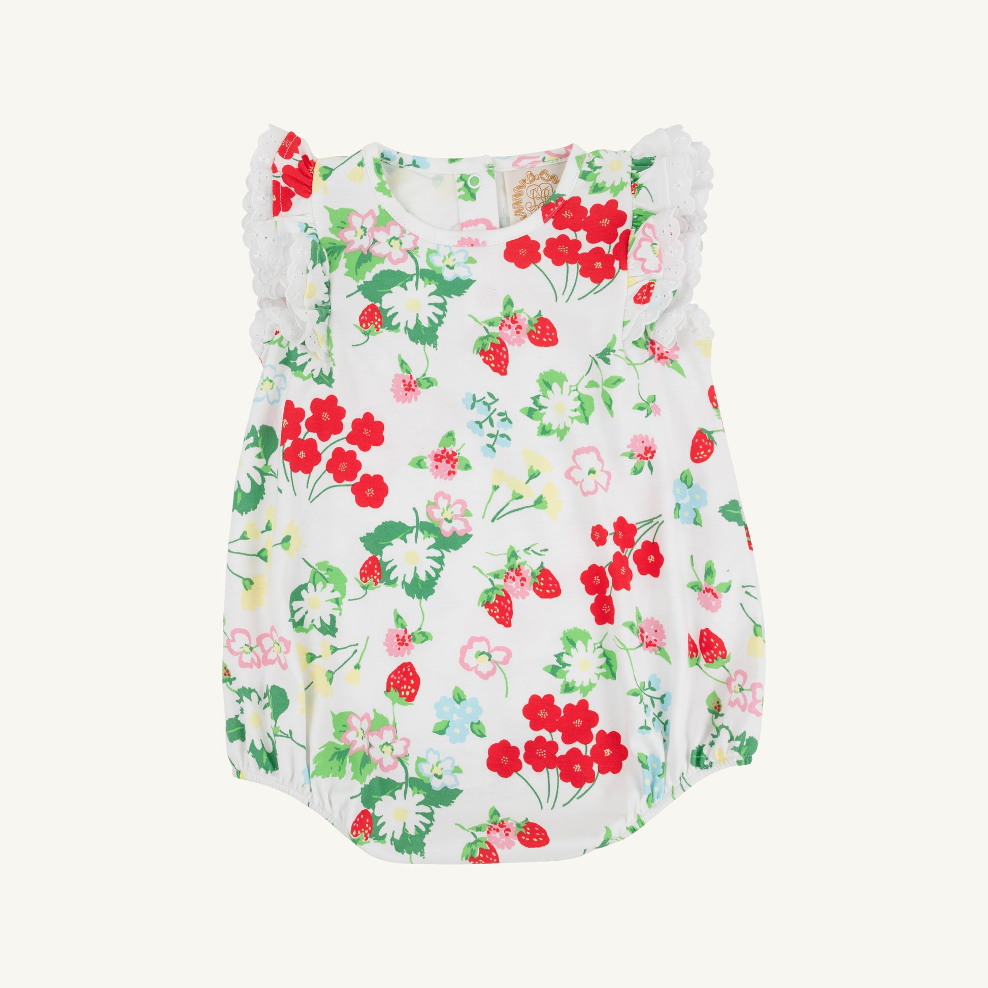 White Ruehling Ruffle Bubble from The Beaufort Bonnet Company featuring a berry sweet and white fabric with ruffles and bubble style.