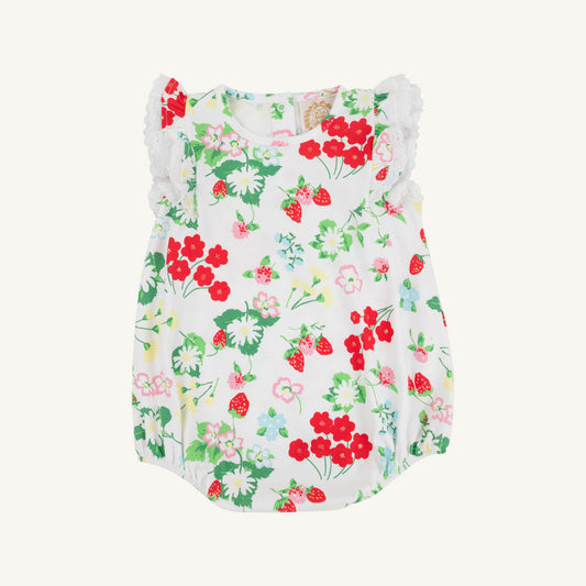 White Ruehling Ruffle Bubble dress by The Beaufort Bonnet Company featuring berry sweet pattern and ruffle details for girls.