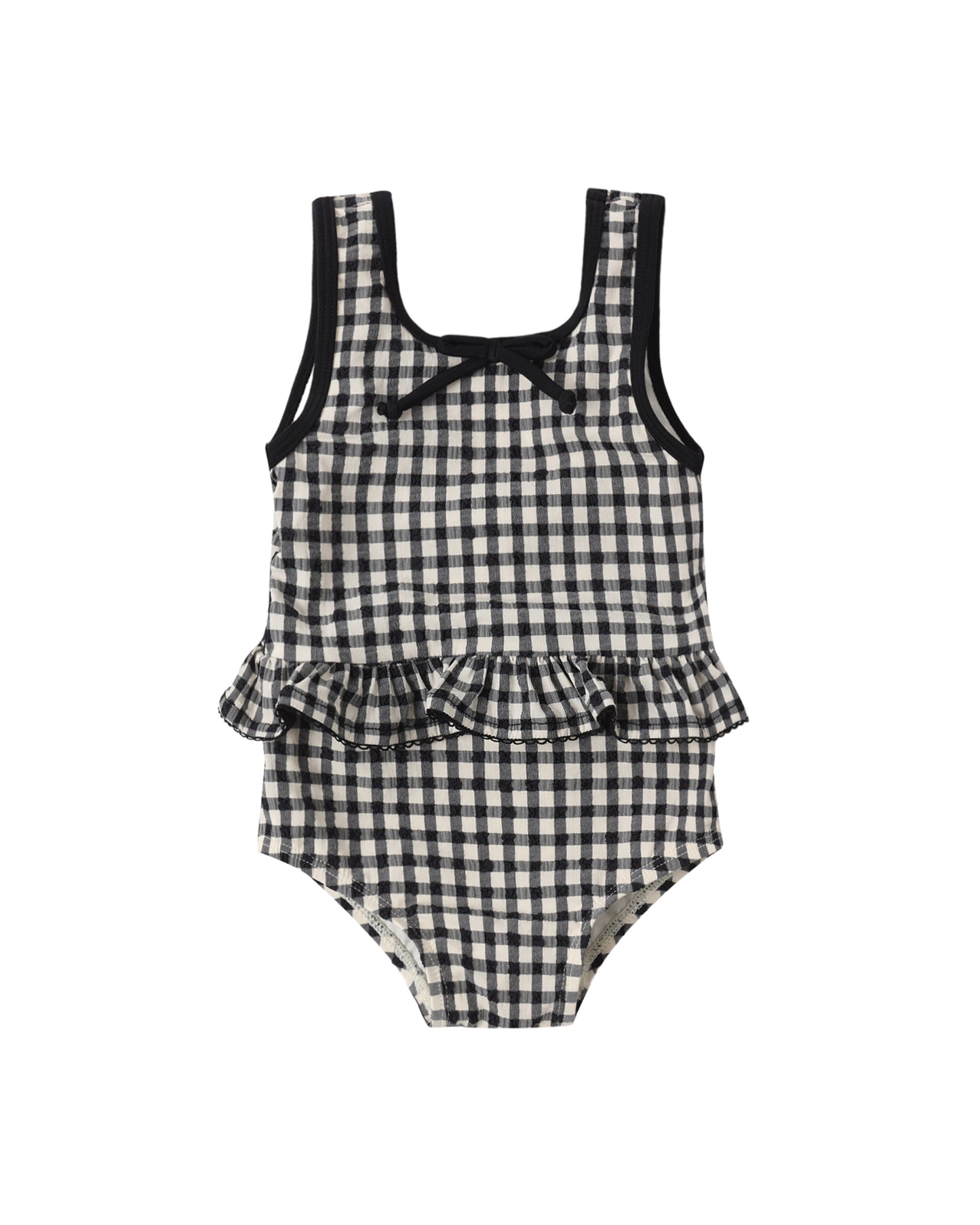 Black gingham skirted one-piece swimsuit by Rylee & Cru, featuring a cute, adjustable tie front and ruffled skirt detail.