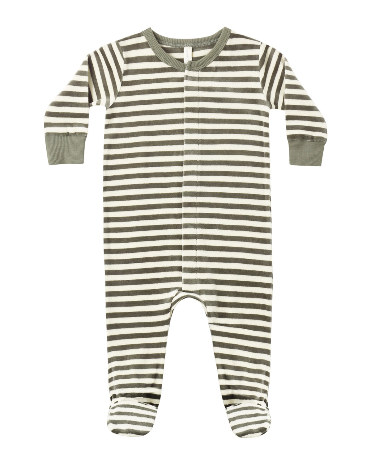 Quincy Mae Spruce Stripe Hidden Snap Footie for babies, showing the front view with blue and white striped fabric and hidden snap closures.