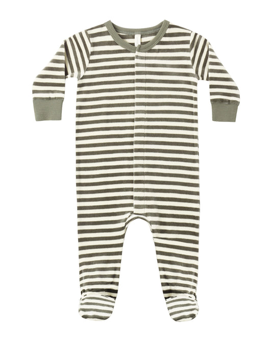 Quincy Mae Spruce Stripe Hidden Snap Footie for babies, showing the front view with blue and white striped fabric and hidden snap closures.