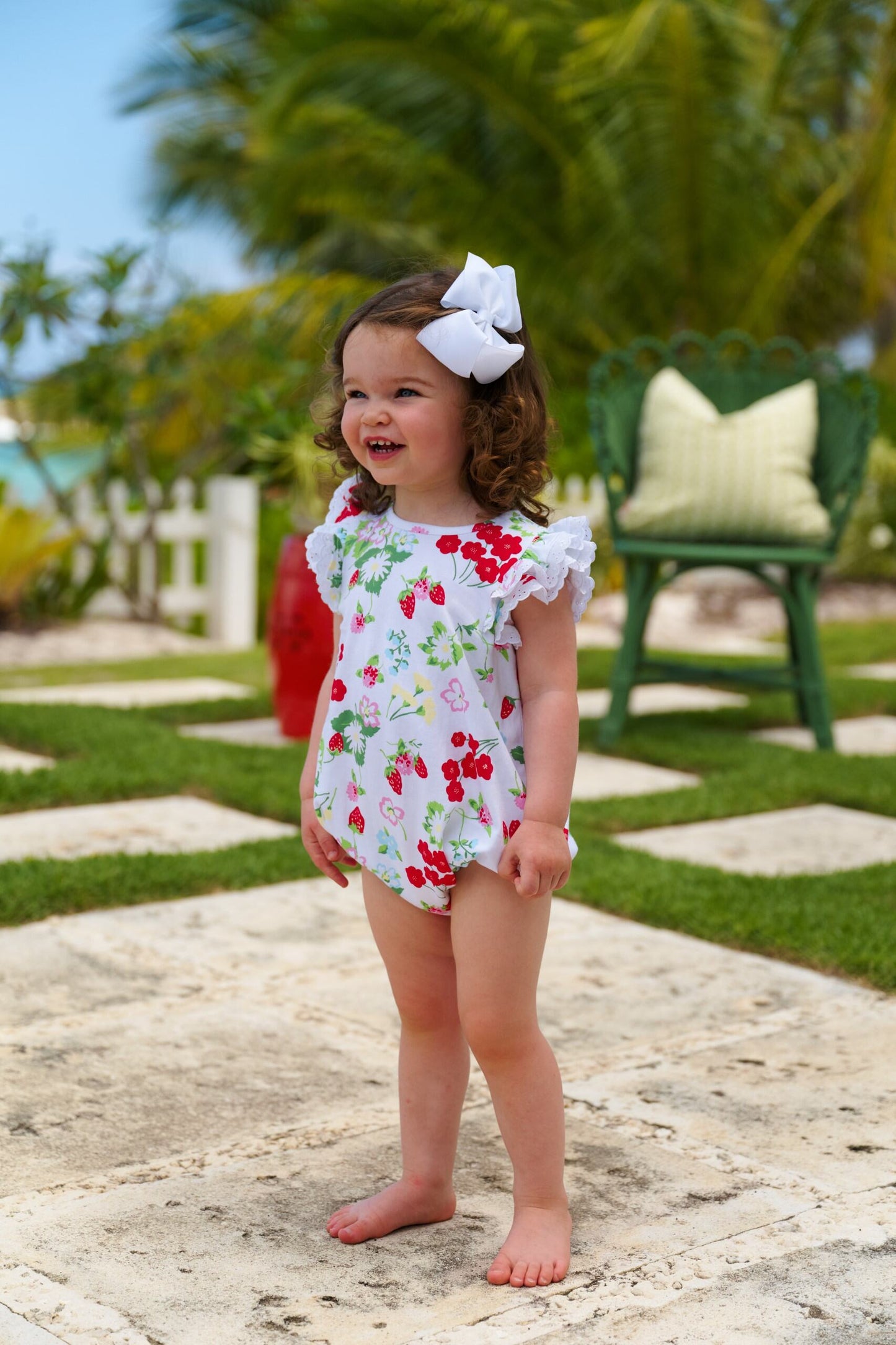 White Ruehling Ruffle Bubble by The Beaufort Bonnet Company featuring Berry Sweet/Worth Ave fabric and playful ruffle details.