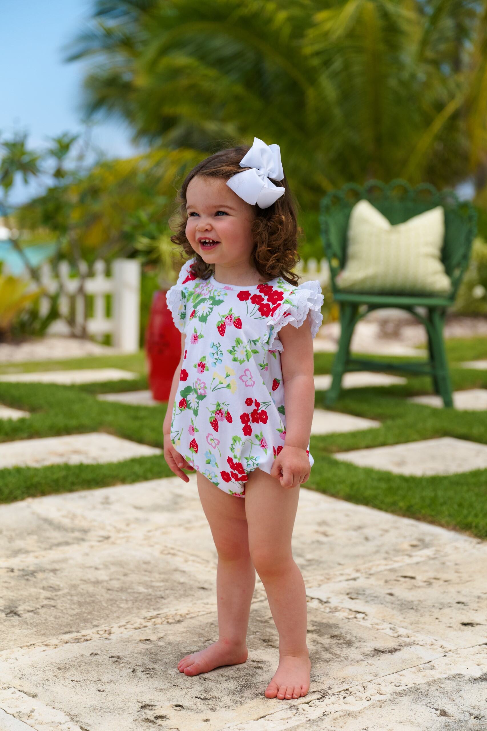 White Ruehling Ruffle Bubble by The Beaufort Bonnet Company featuring Berry Sweet/Worth Ave fabric and playful ruffle details.
