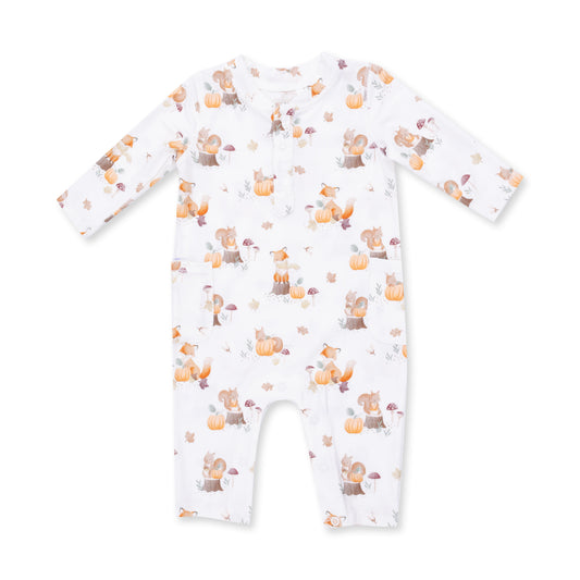 Angel Dear Woodland Animals with Pumpkins Uni Romper featuring cute woodland animal and pumpkin print on soft fabric.