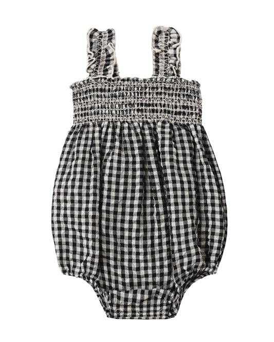 Black Check Julia Romper by Rylee & Cru featuring a stylish check pattern and comfortable fit for kids.
